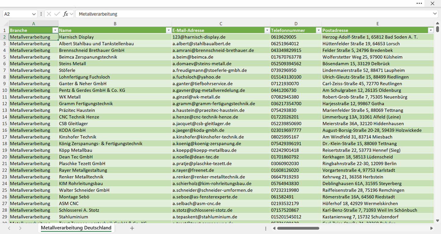 Vorschau der Liste mit den Adressen der Metallverarbeitungsbetriebe