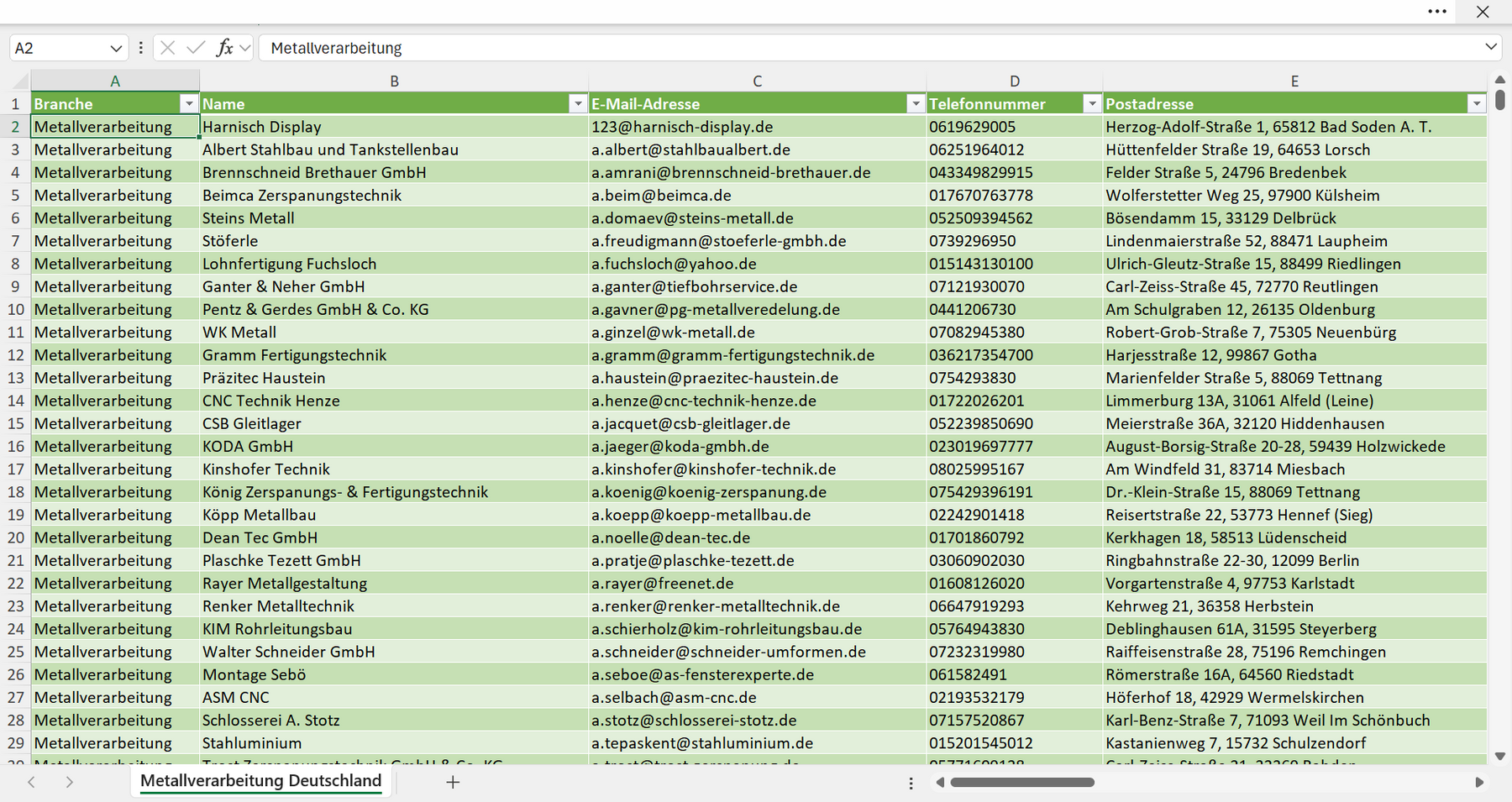 Vorschau der Liste mit den Adressen der Metallverarbeitungsbetriebe