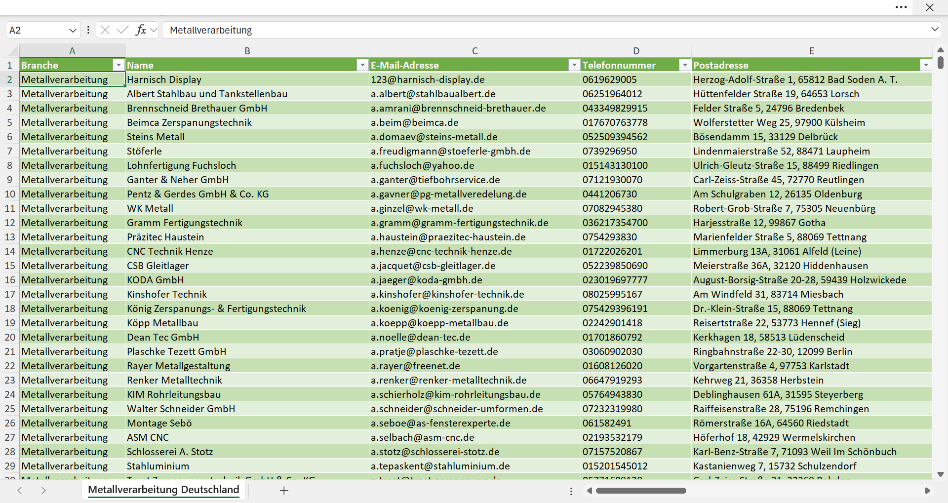 Vorschau der Liste mit den Adressen der Metallverarbeitungsbetriebe