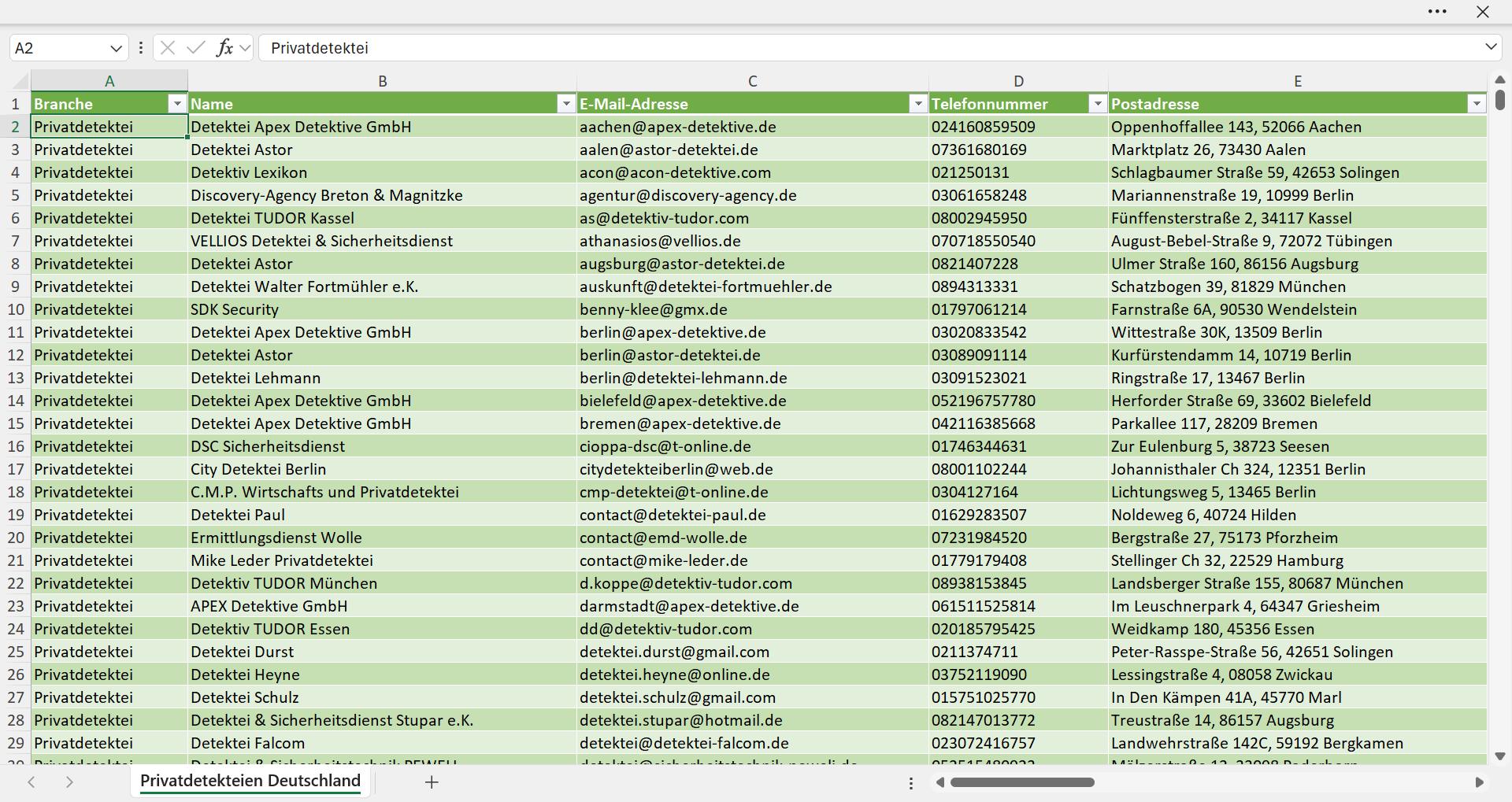 Vorschau der Liste mit den Adressen der Privatdetektiven
