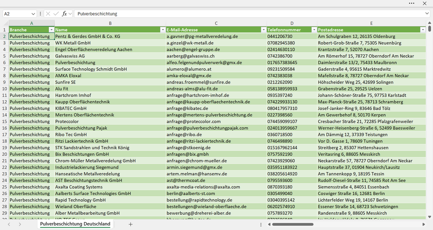 Vorschau der Liste mit den Adressen der Pulverbeschichtungsbetriebe