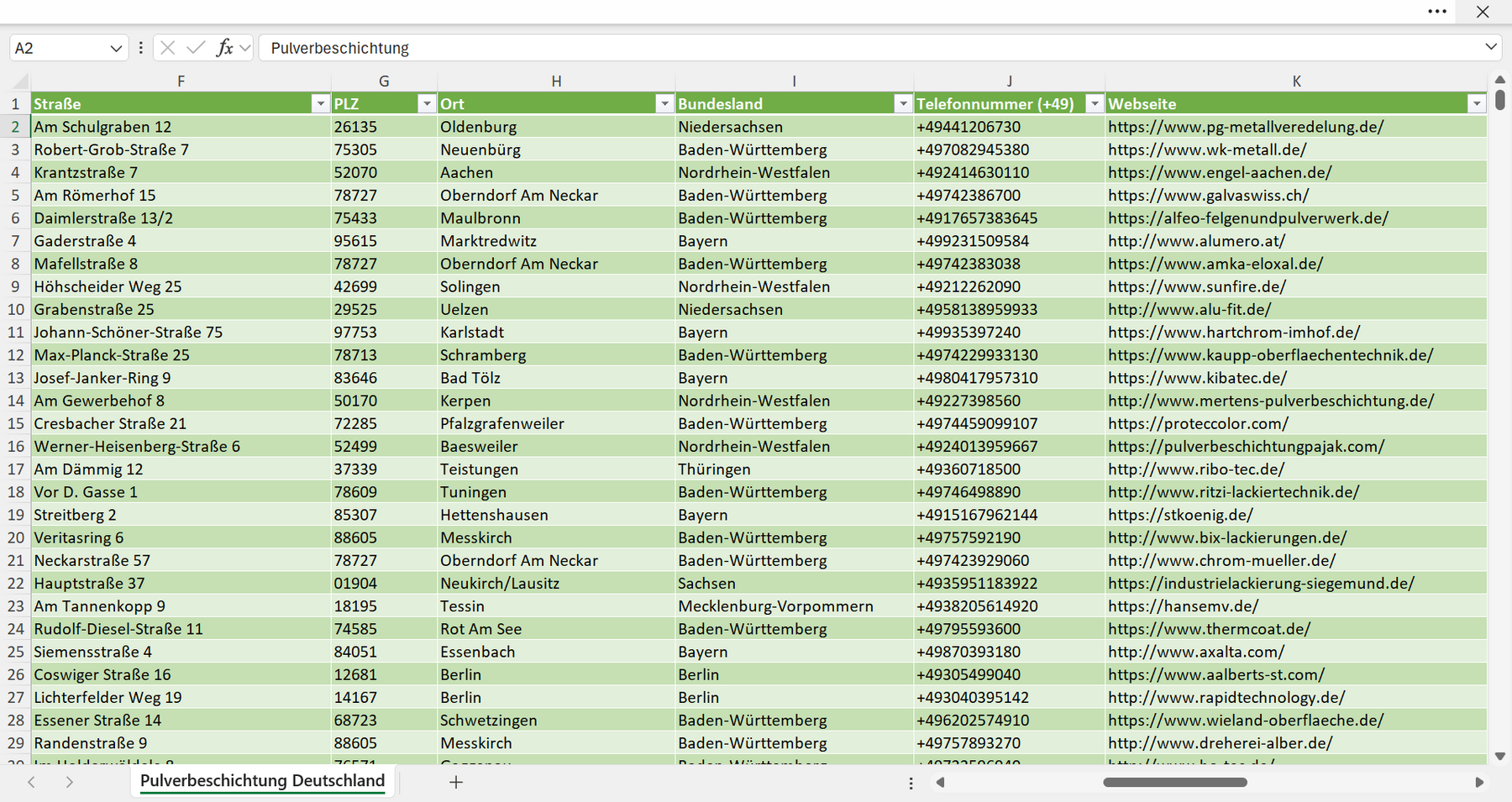 Weitere Vorschau der Liste mit den Adressen der Pulverbeschichtungsbetriebe