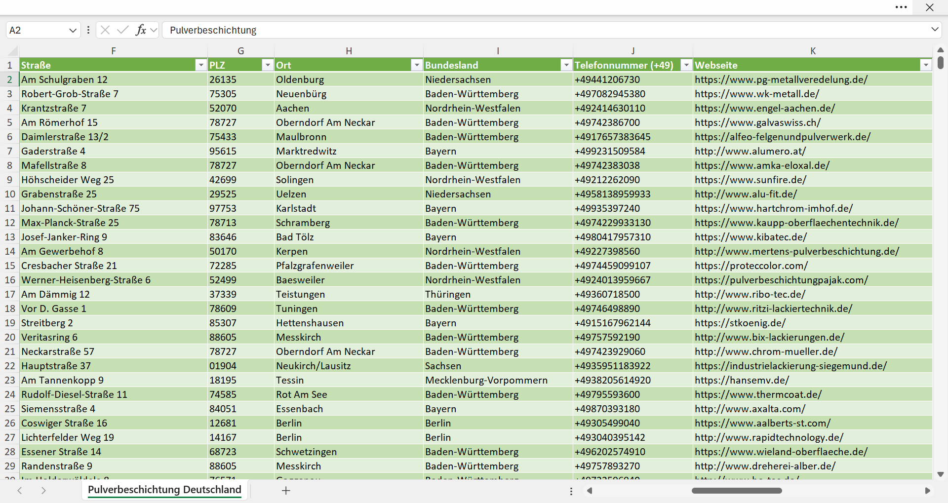 Weitere Vorschau der Liste mit den Adressen der Pulverbeschichtungsbetriebe