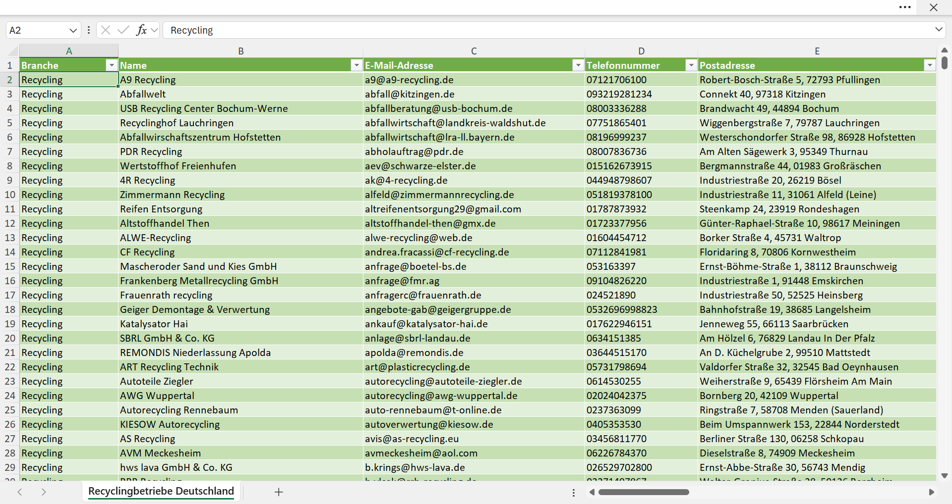 Vorschau der Liste mit den Adressen der Recycling-Betriebe