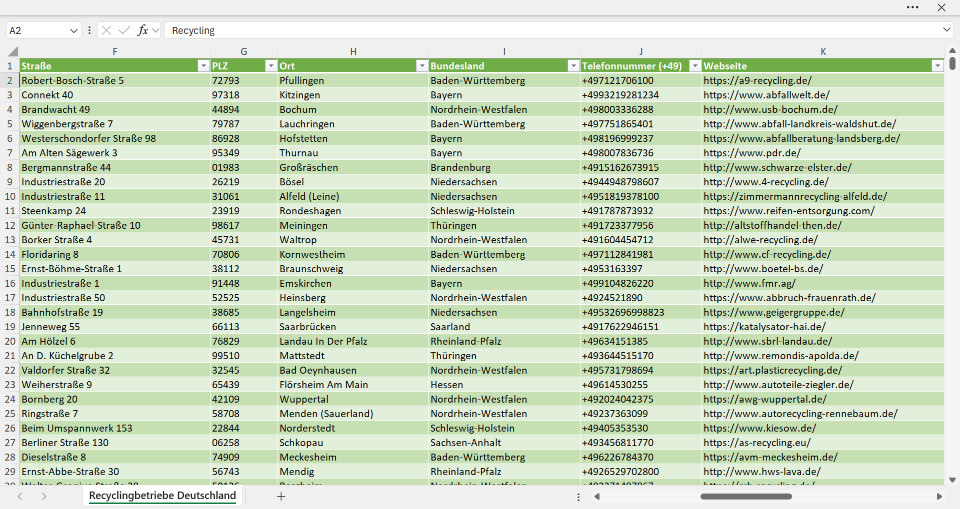 Weitere Vorschau der Liste mit den Adressen der Recycling-Betriebe