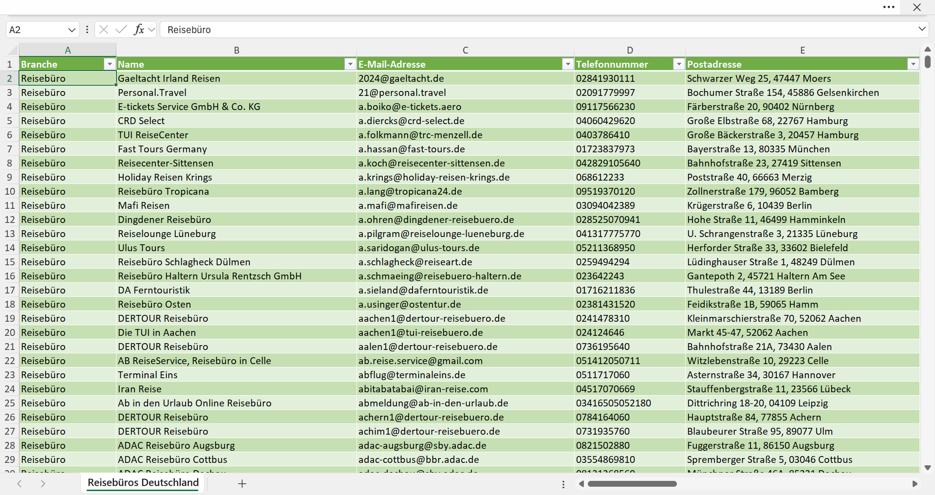 Vorschau der Liste mit den Reisebüro Adressen