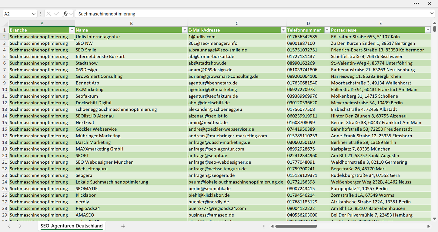 Vorschau der Liste mit den Adressen der SEO-Agenturen