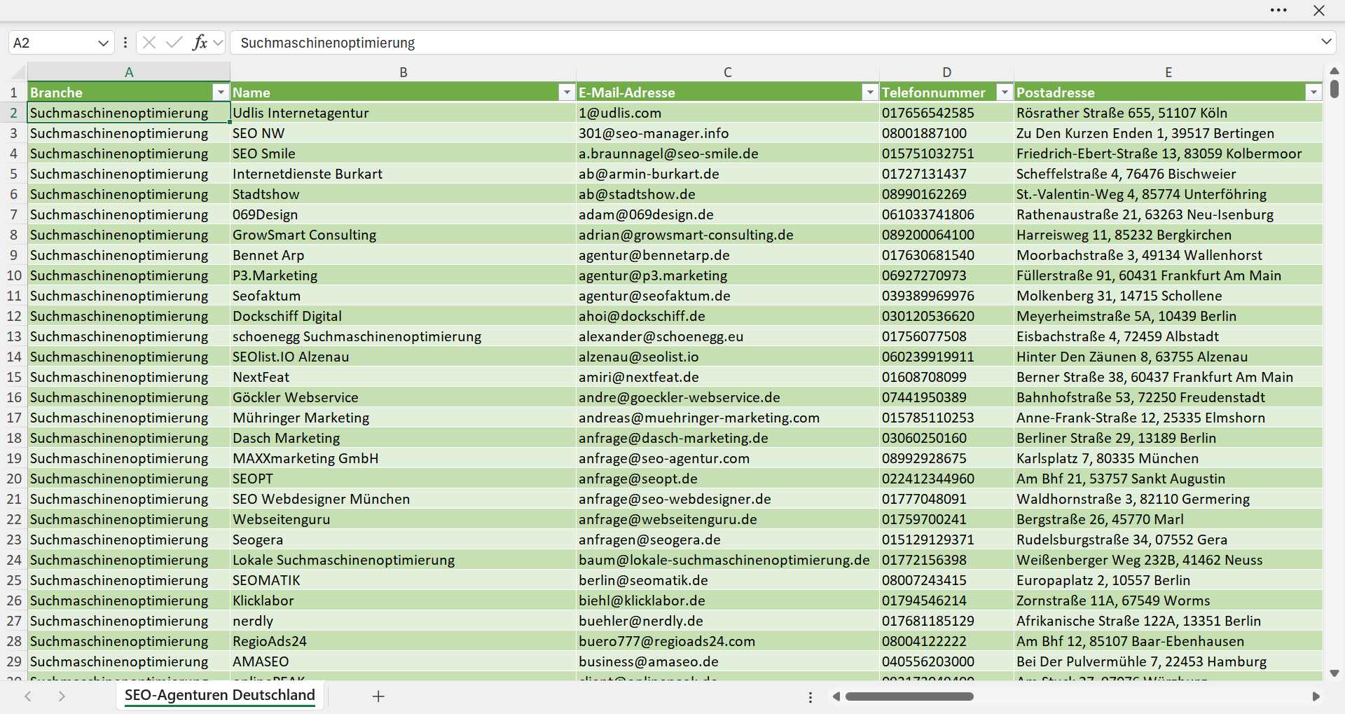 Vorschau der Liste mit den Adressen der SEO-Agenturen
