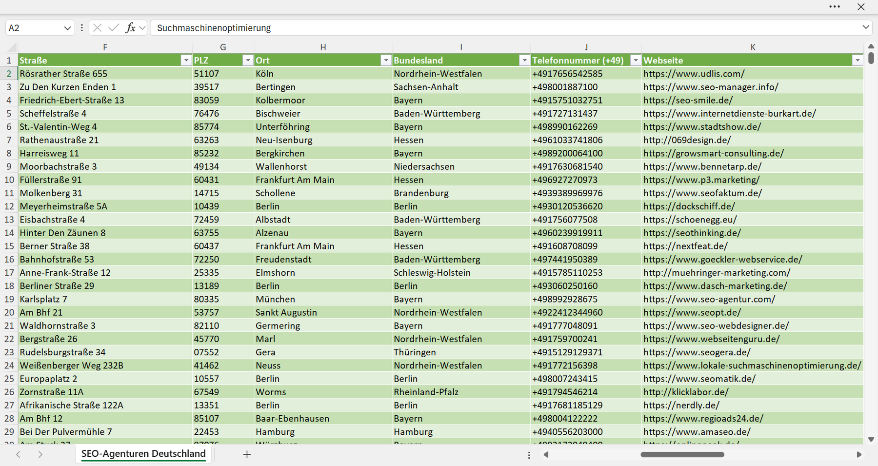 Weitere Vorschau der Liste mit den Adressen der SEO-Agenturen
