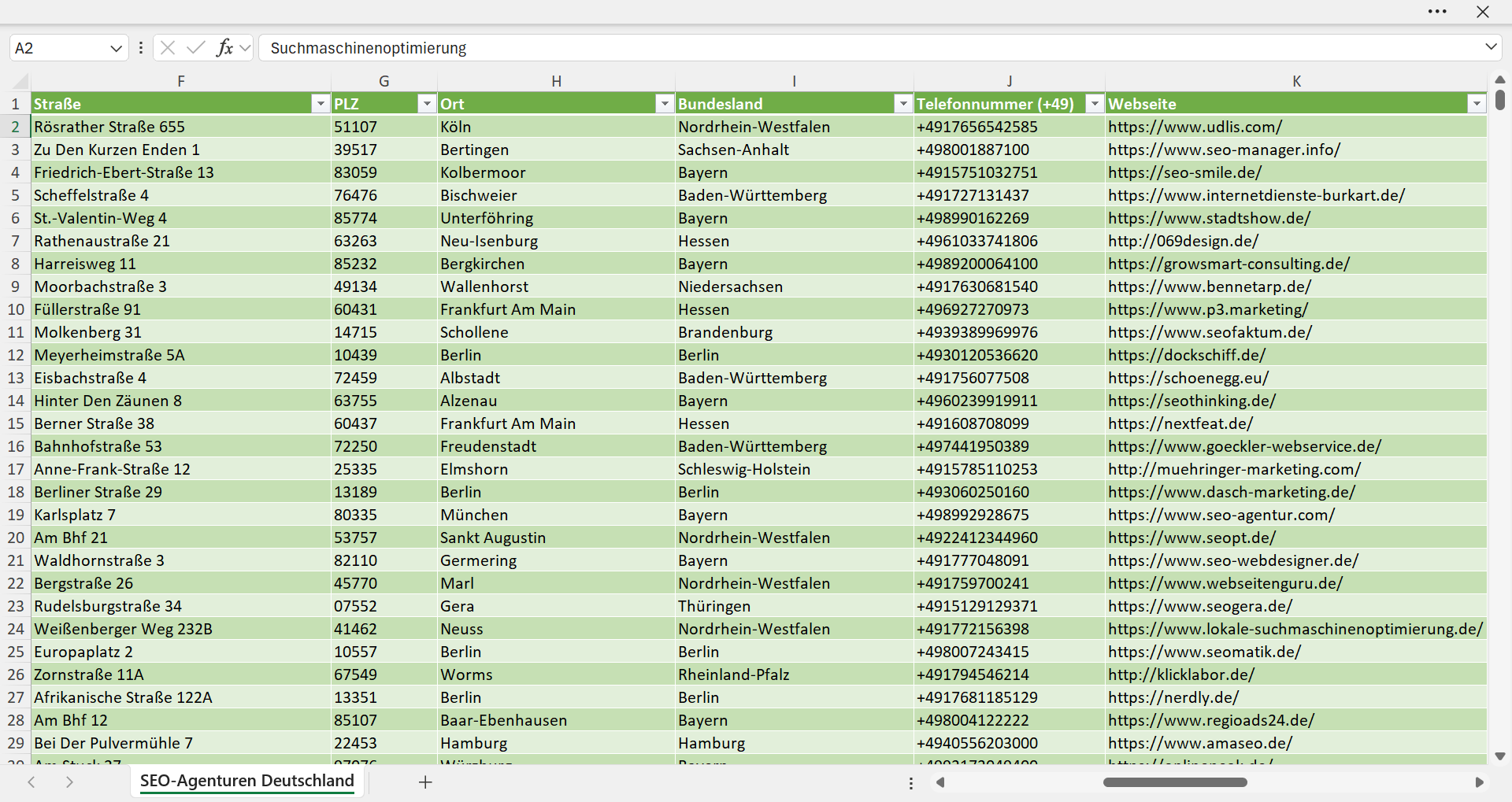 Weitere Vorschau der Liste mit den Adressen der SEO-Agenturen