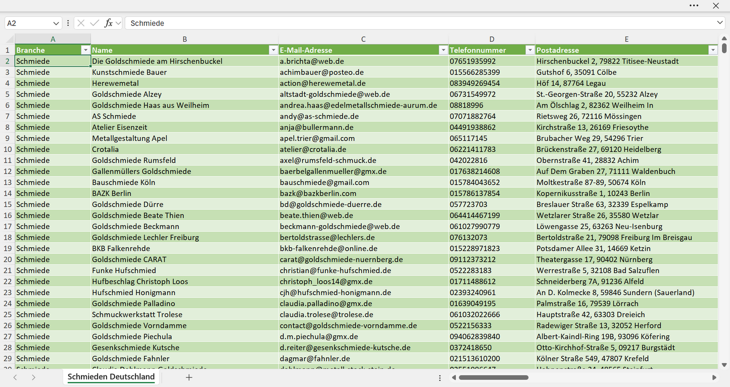 Vorschau der Liste mit den Schmieden-Adressen