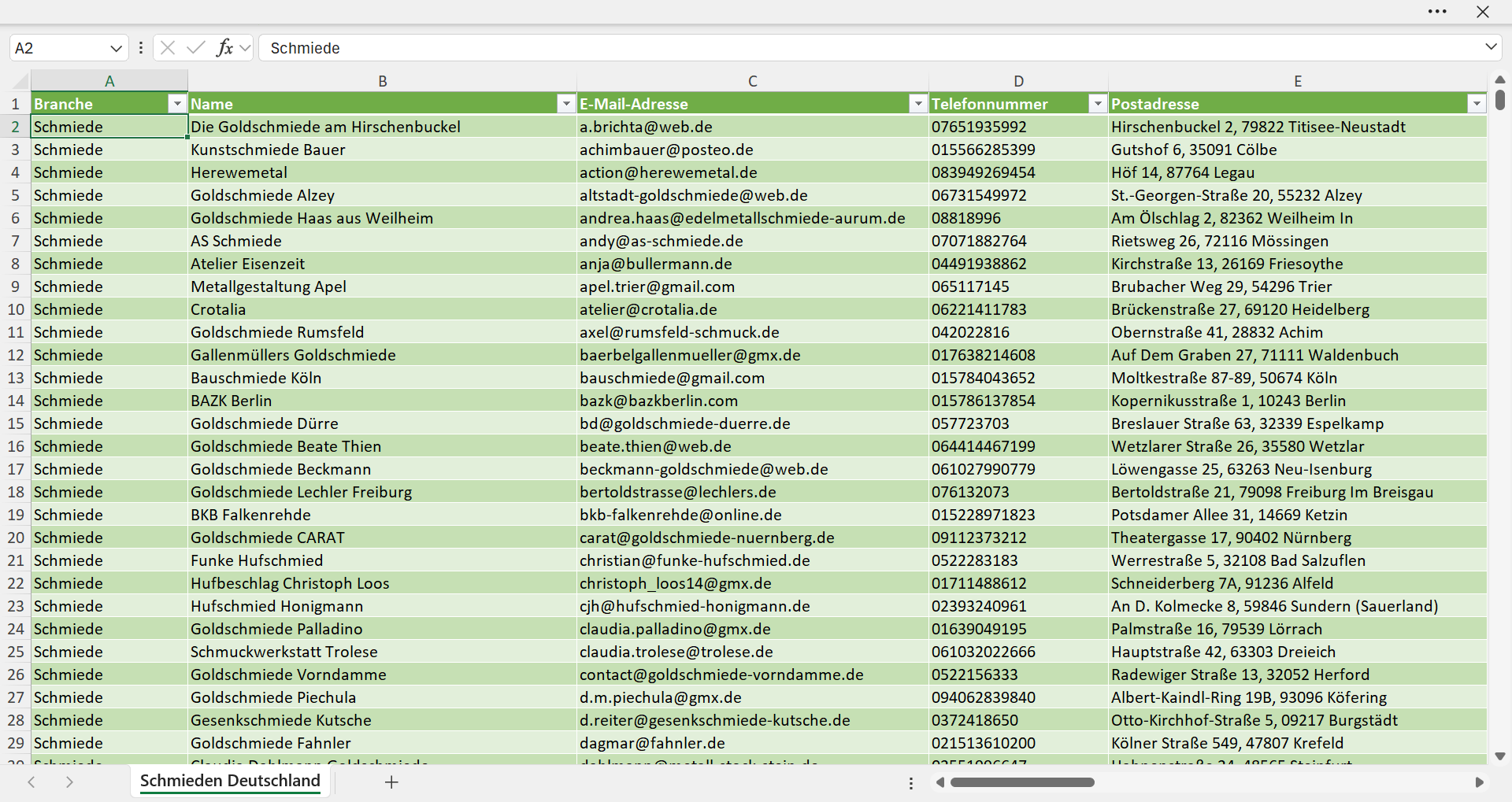 Vorschau der Liste mit den Schmieden-Adressen