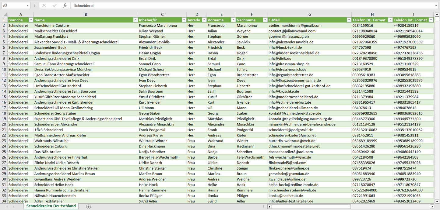 Vorschau der Liste mit den Schneiderei Adressen