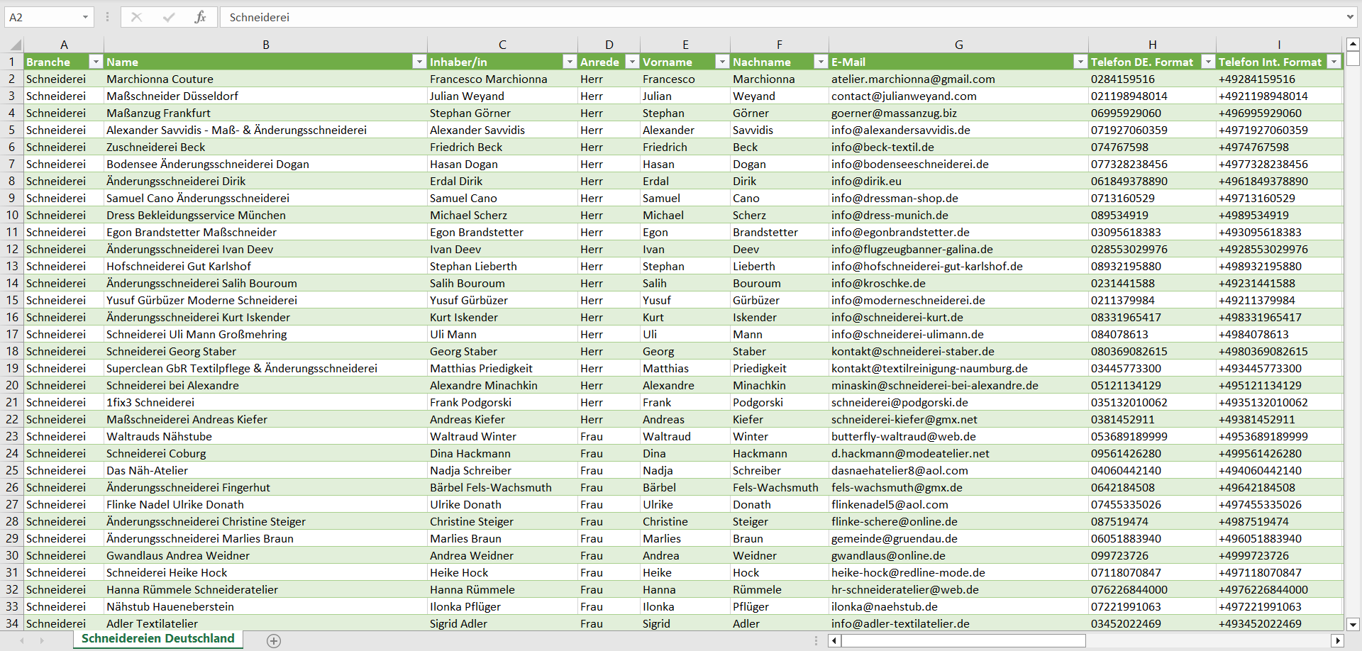 Vorschau der Liste mit den Schneiderei Adressen