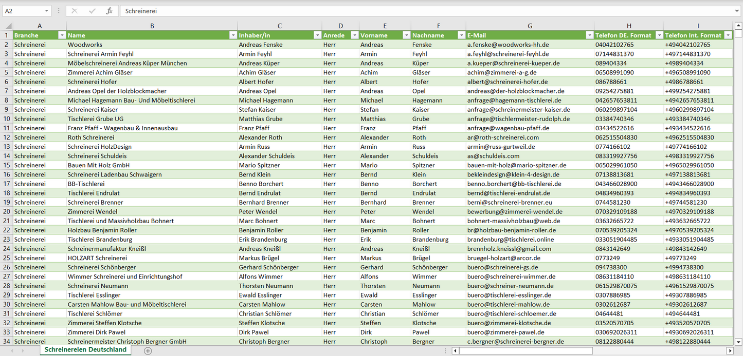 Vorschau der Liste mit den Schreinerei Adressen