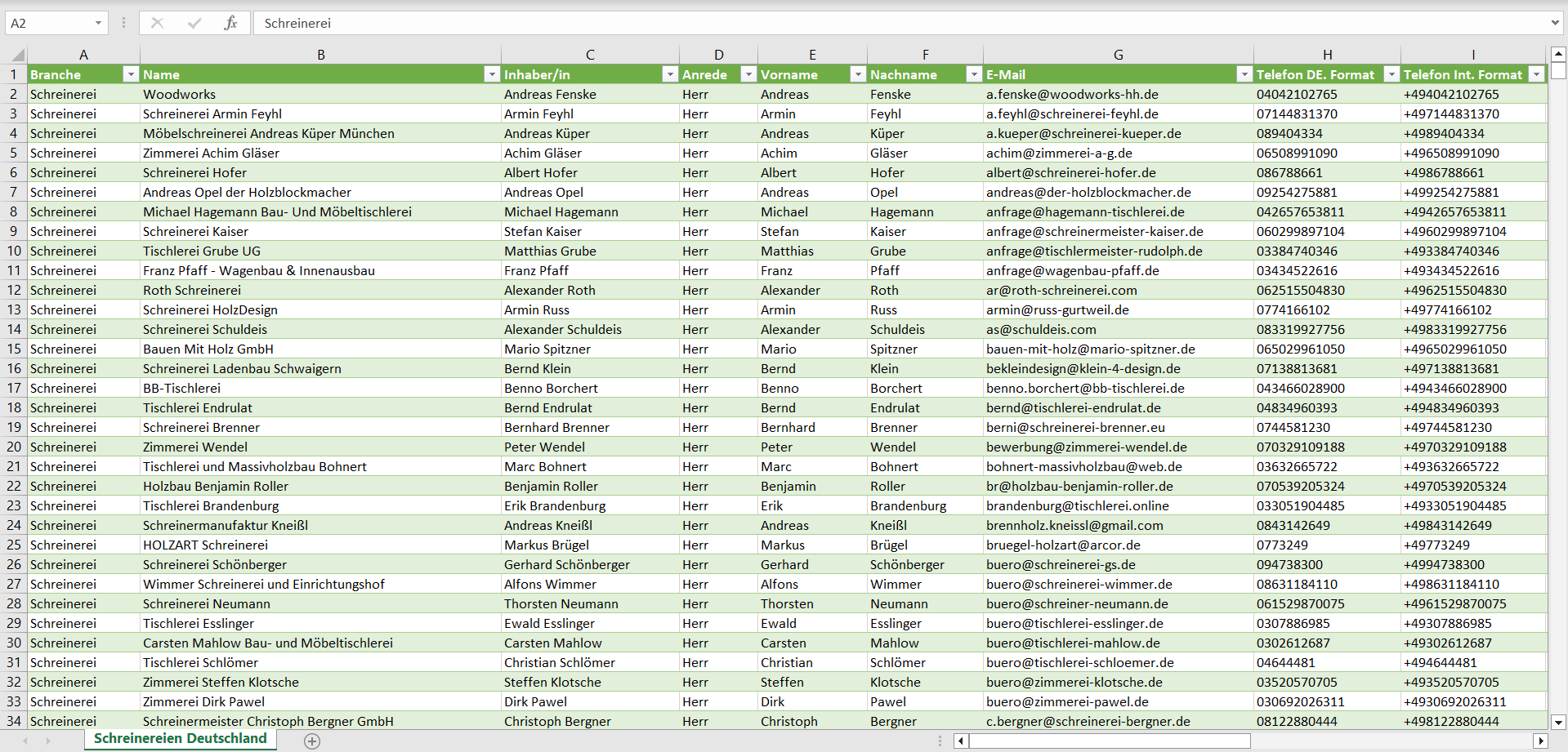 Vorschau der Liste mit den Schreinerei Adressen