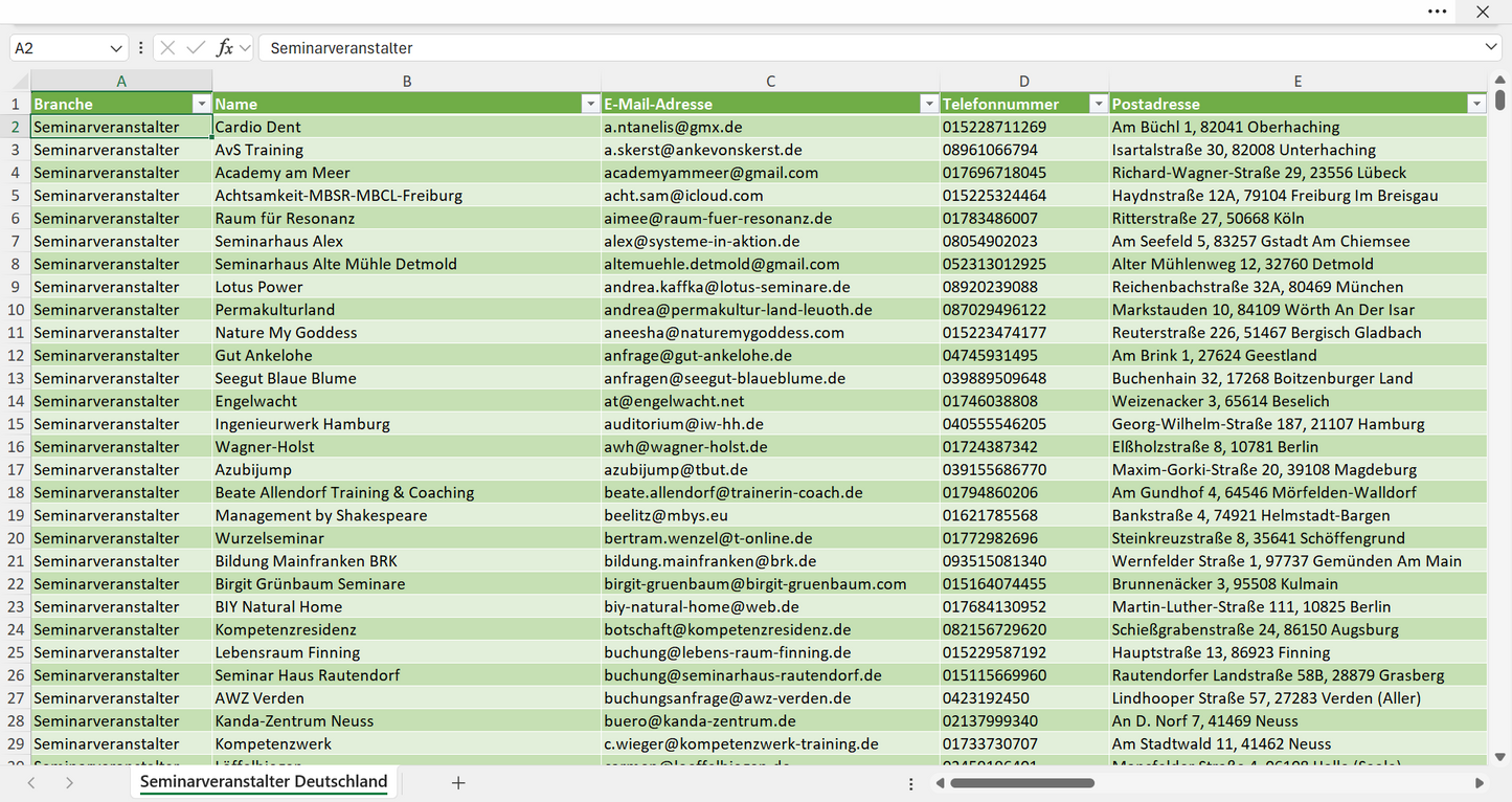 Vorschau der Liste mit den Seminarveranstalter Adressen