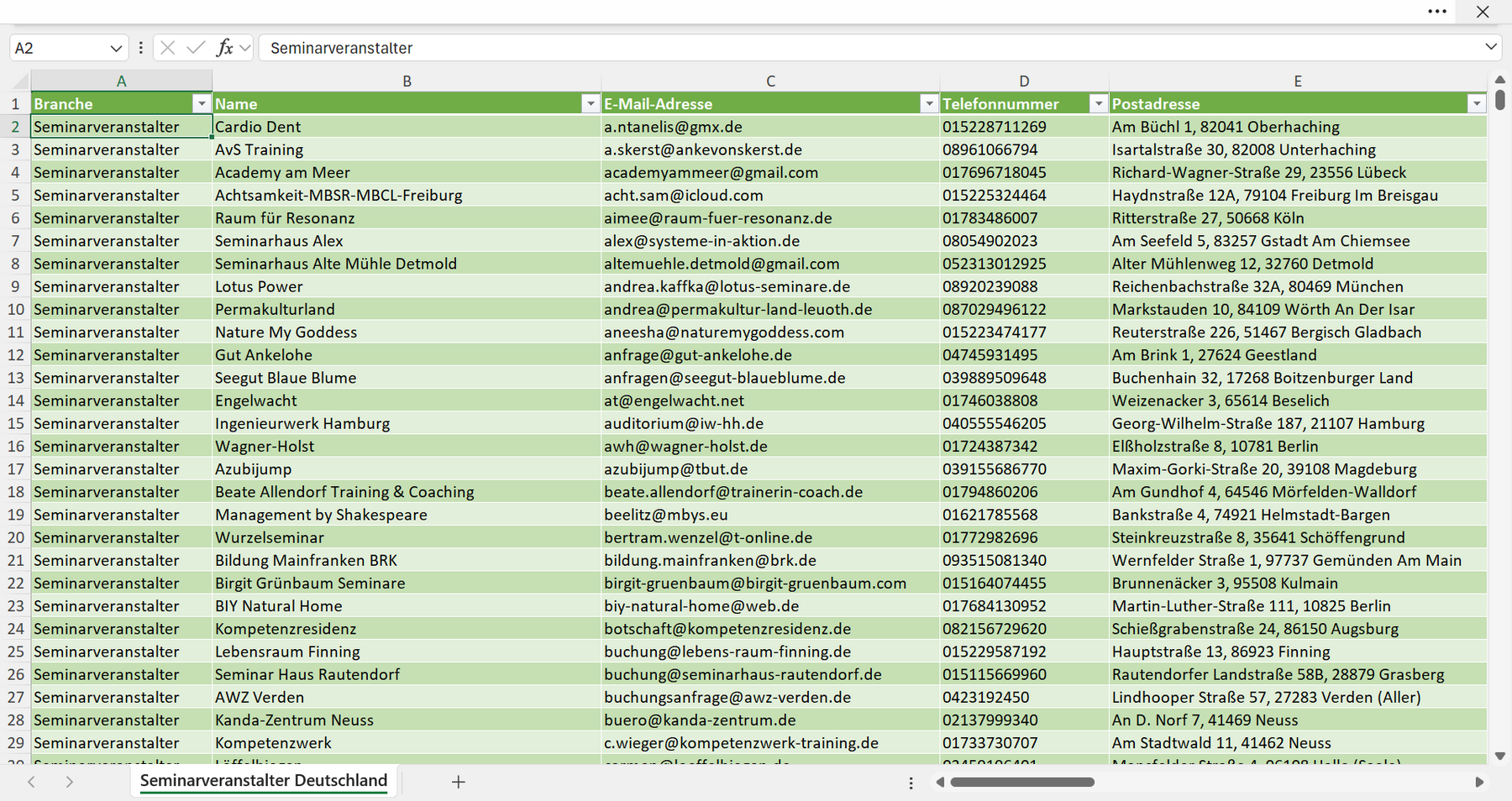 Vorschau der Liste mit den Seminarveranstalter Adressen