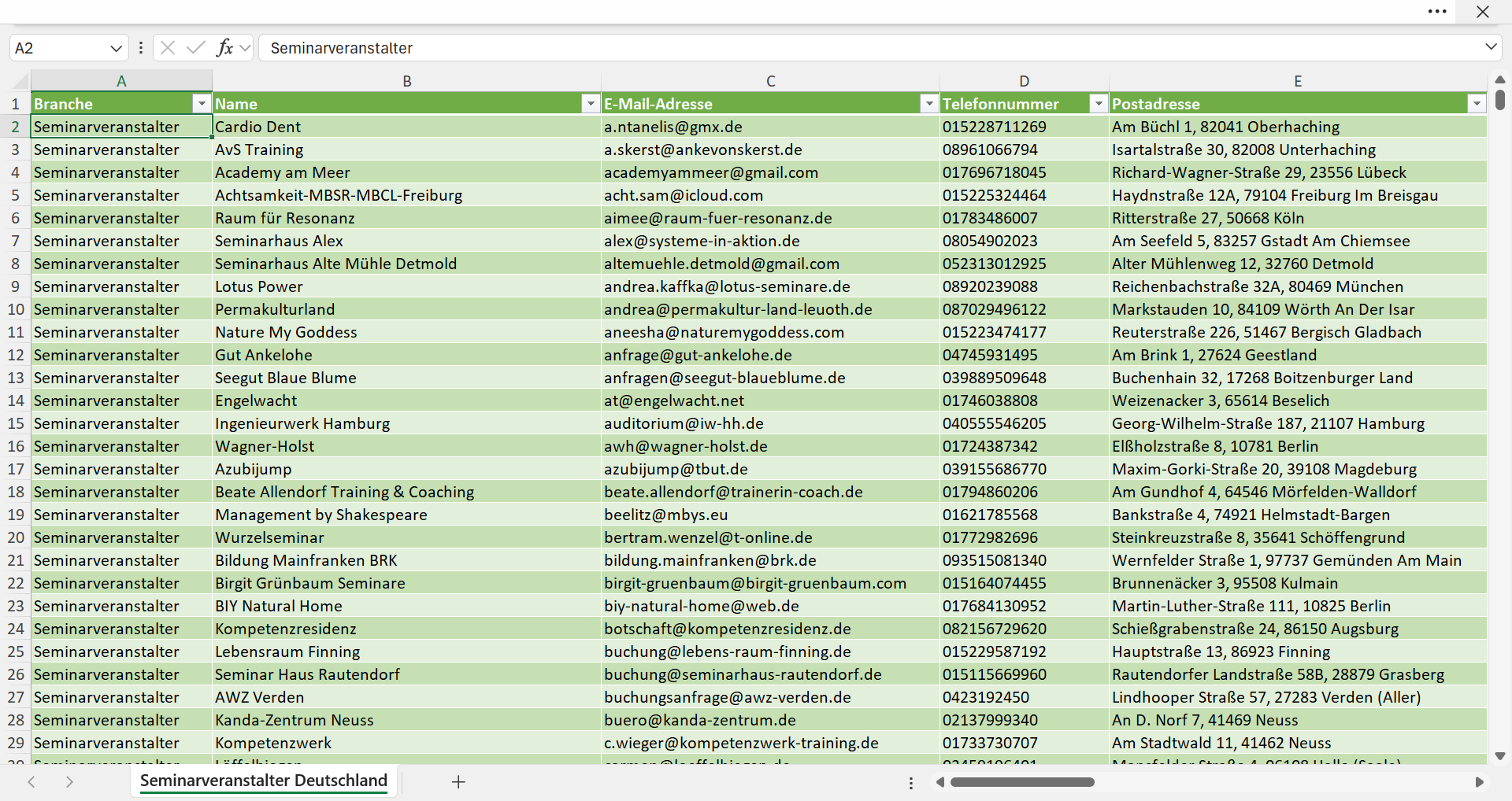 Vorschau der Liste mit den Seminarveranstalter Adressen