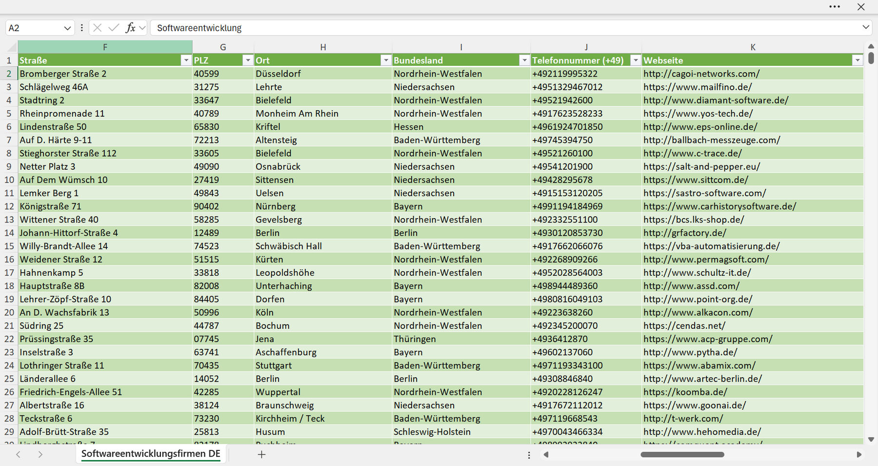 Weitere Vorschau der Liste mit den Adressen der Softwareentwicklungs-Unternehmen