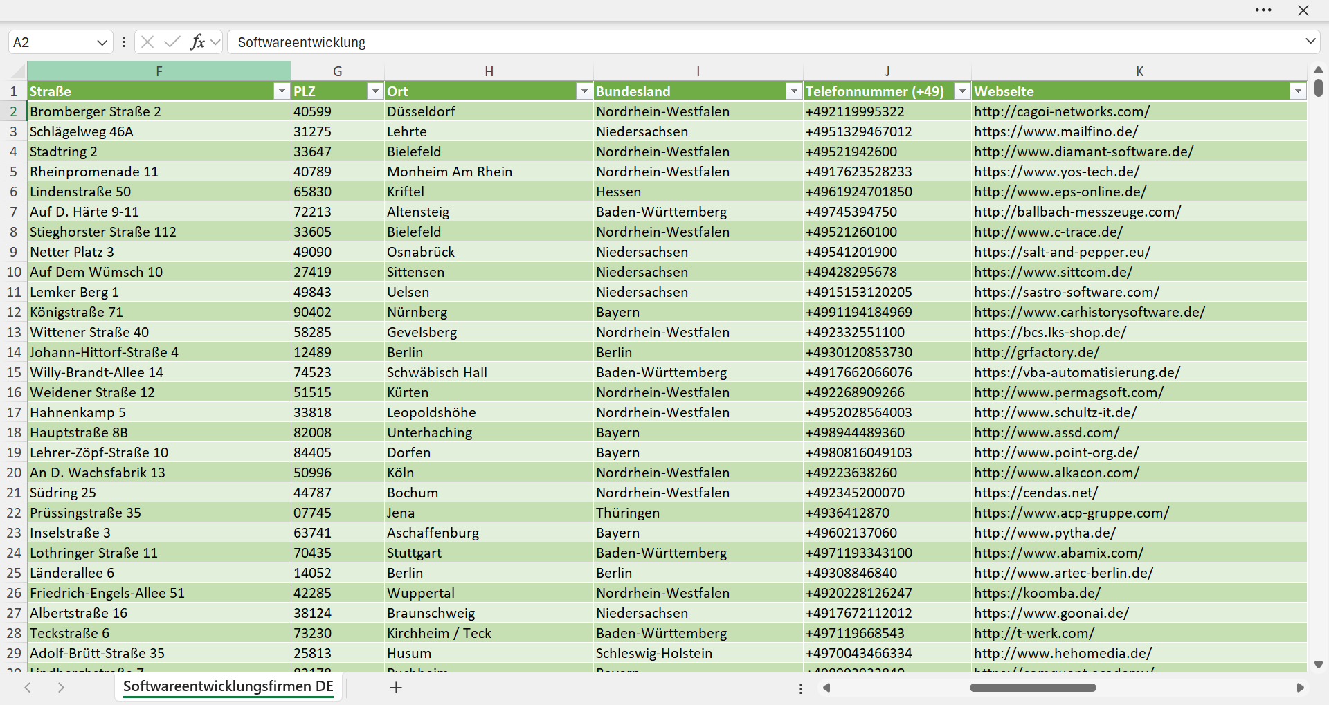 Weitere Vorschau der Liste mit den Adressen der Softwareentwicklungs-Unternehmen