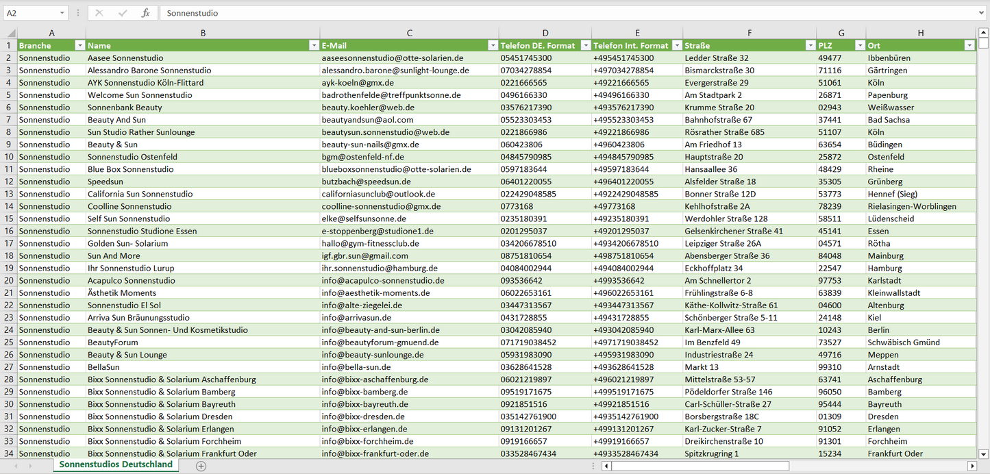 Vorschau der Liste mit den Sonnenstudio Adressen