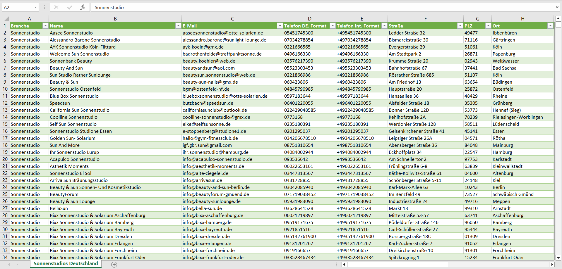 Vorschau der Liste mit den Sonnenstudio Adressen