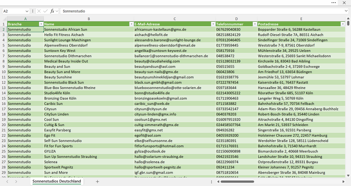 Vorschau der Liste mit den Sonnenstudio Adressen
