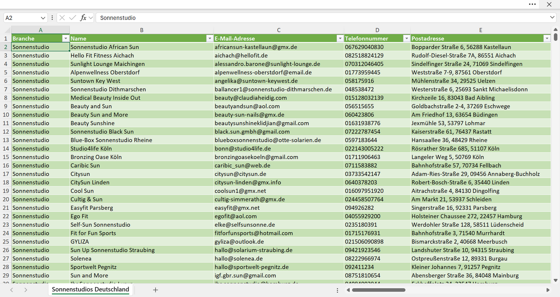 Vorschau der Liste mit den Sonnenstudio Adressen