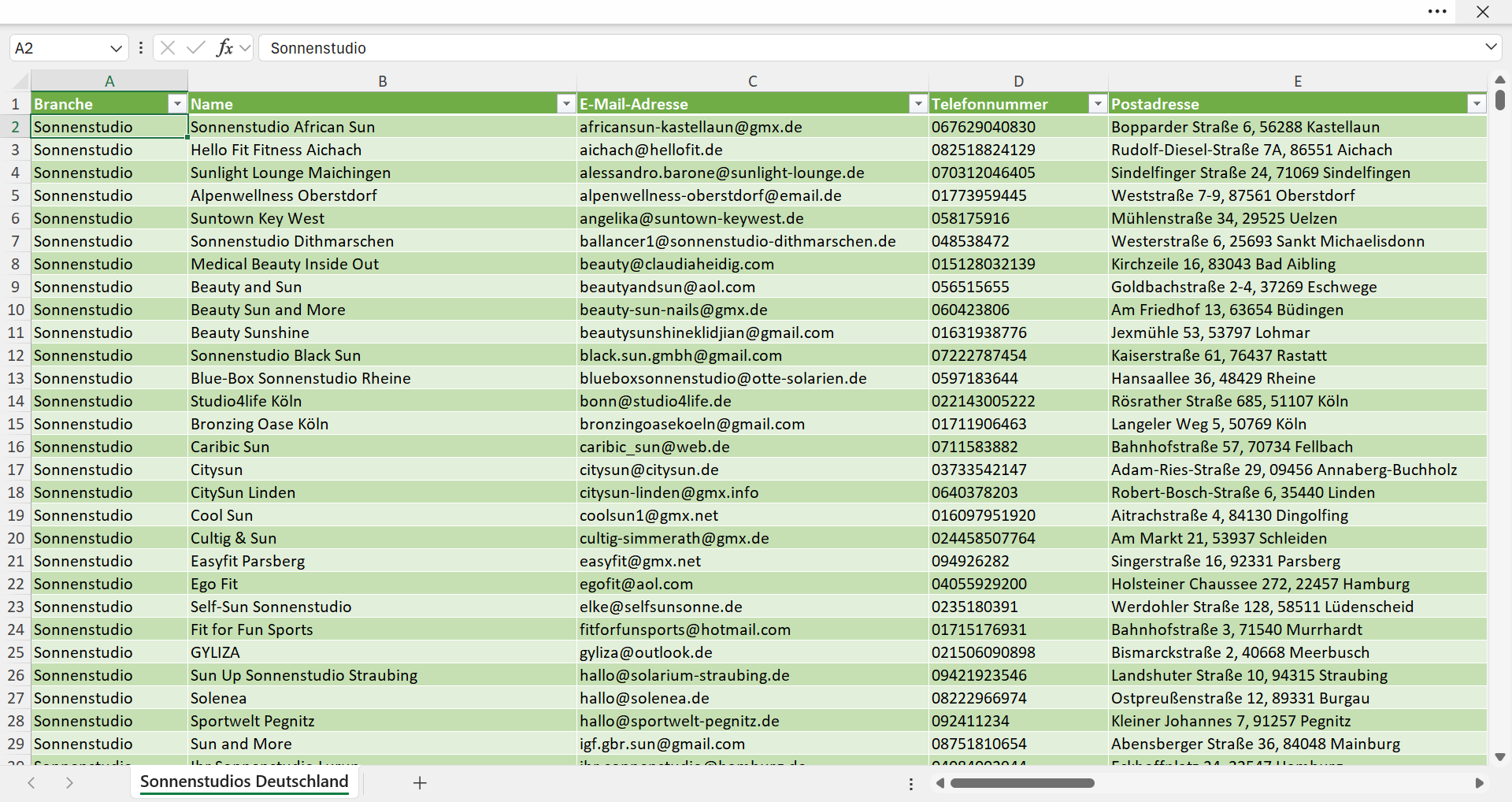 Vorschau der Liste mit den Sonnenstudio Adressen