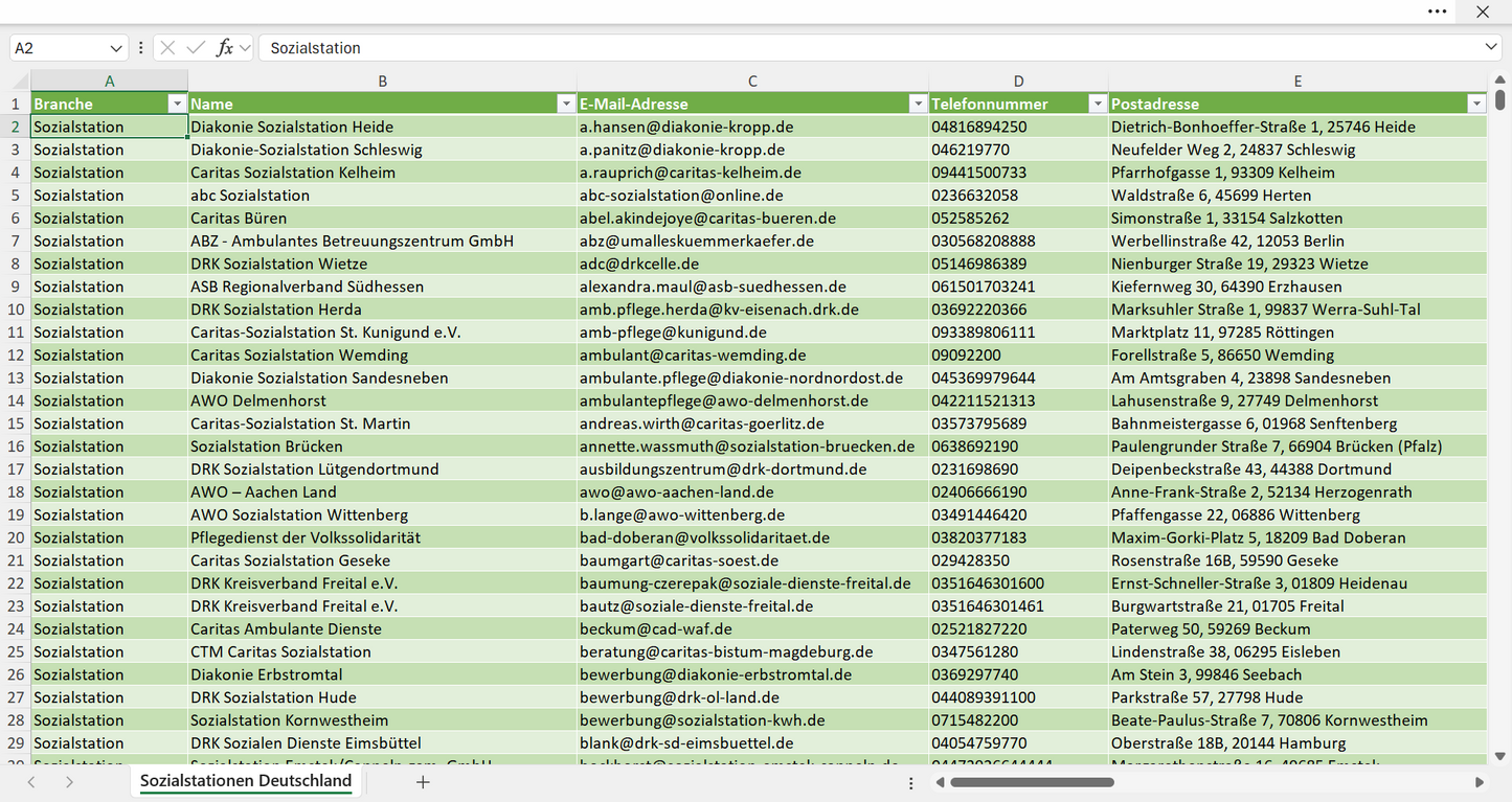 Vorschau der Liste mit den Adressen der Sozialstationen