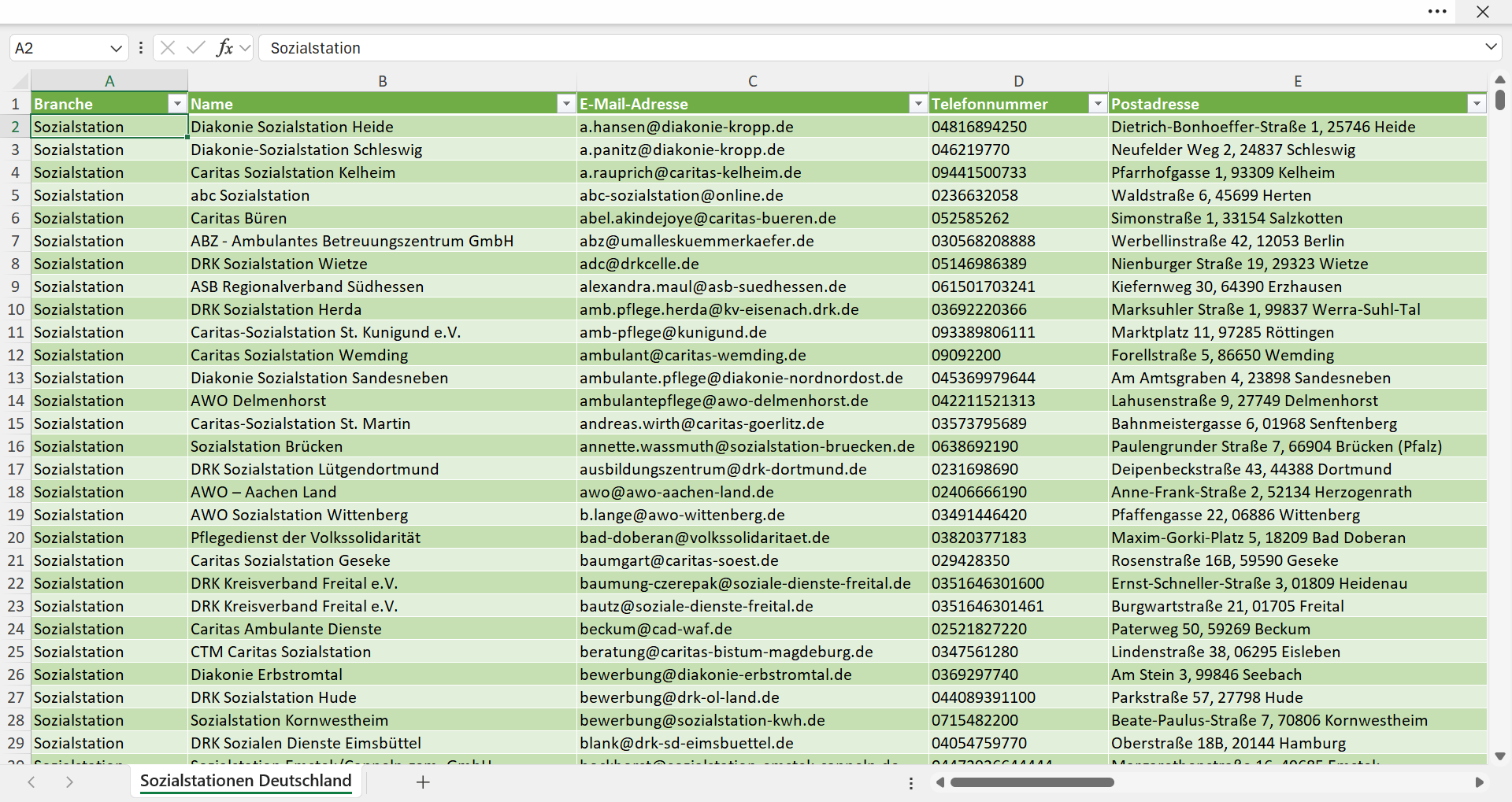 Vorschau der Liste mit den Adressen der Sozialstationen