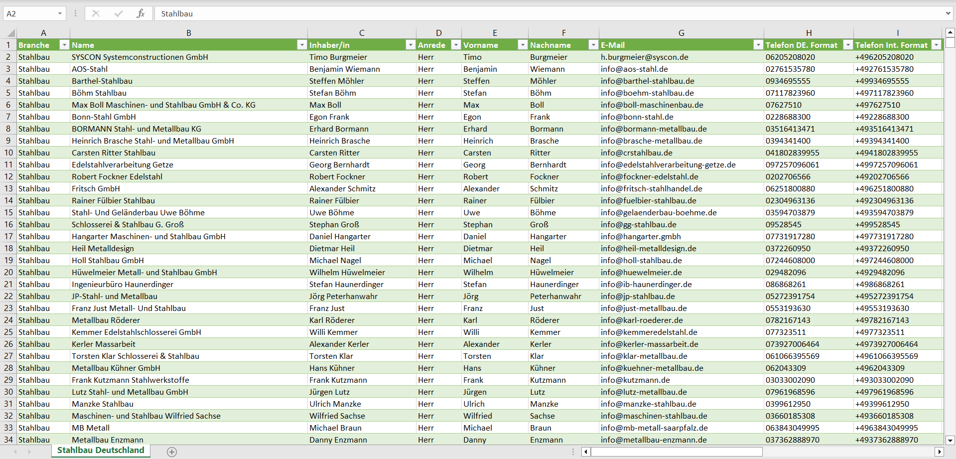 Vorschau der Liste mit den Adressen der Stahlbaubetriebe