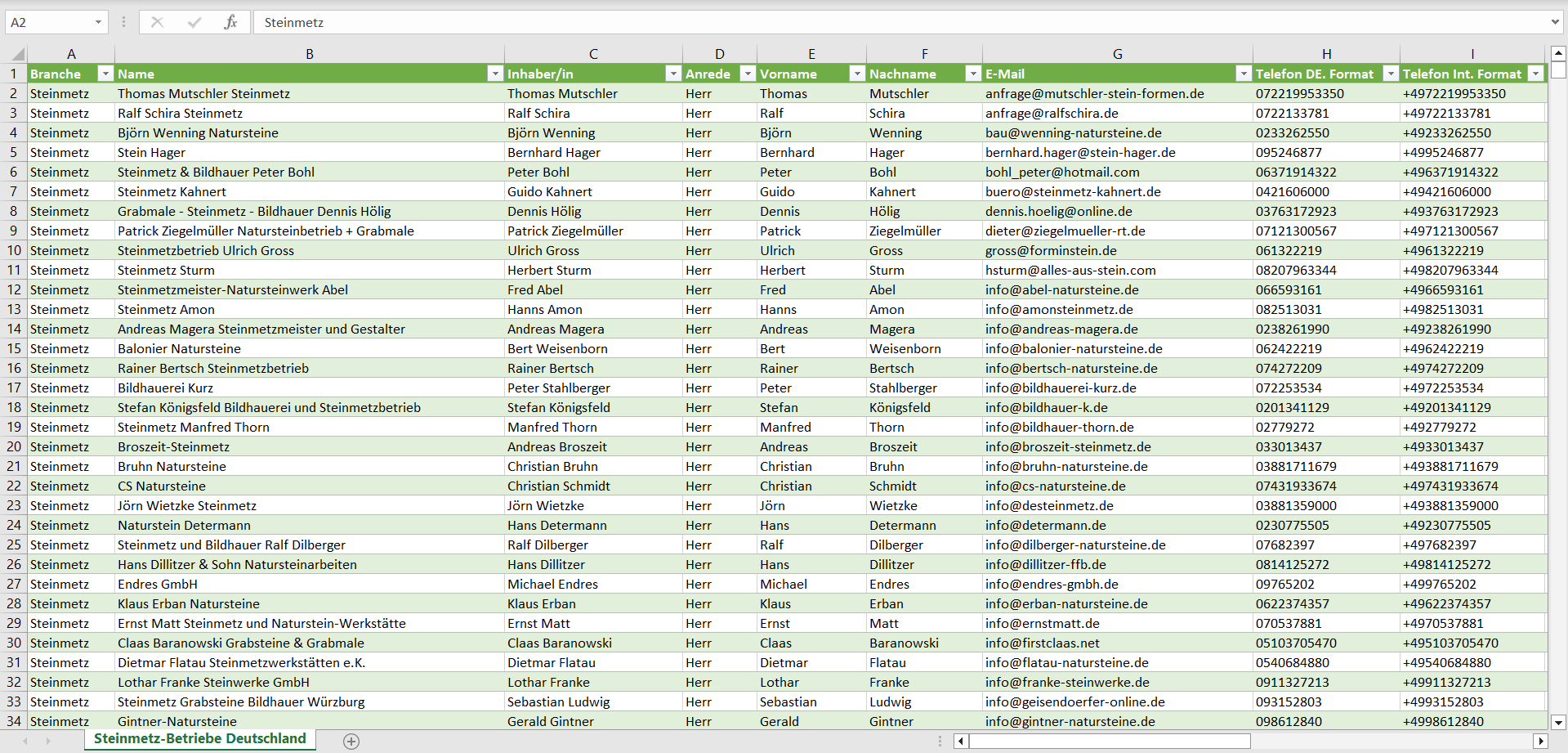 Vorschau der Liste mit den Steinmetz Adressen