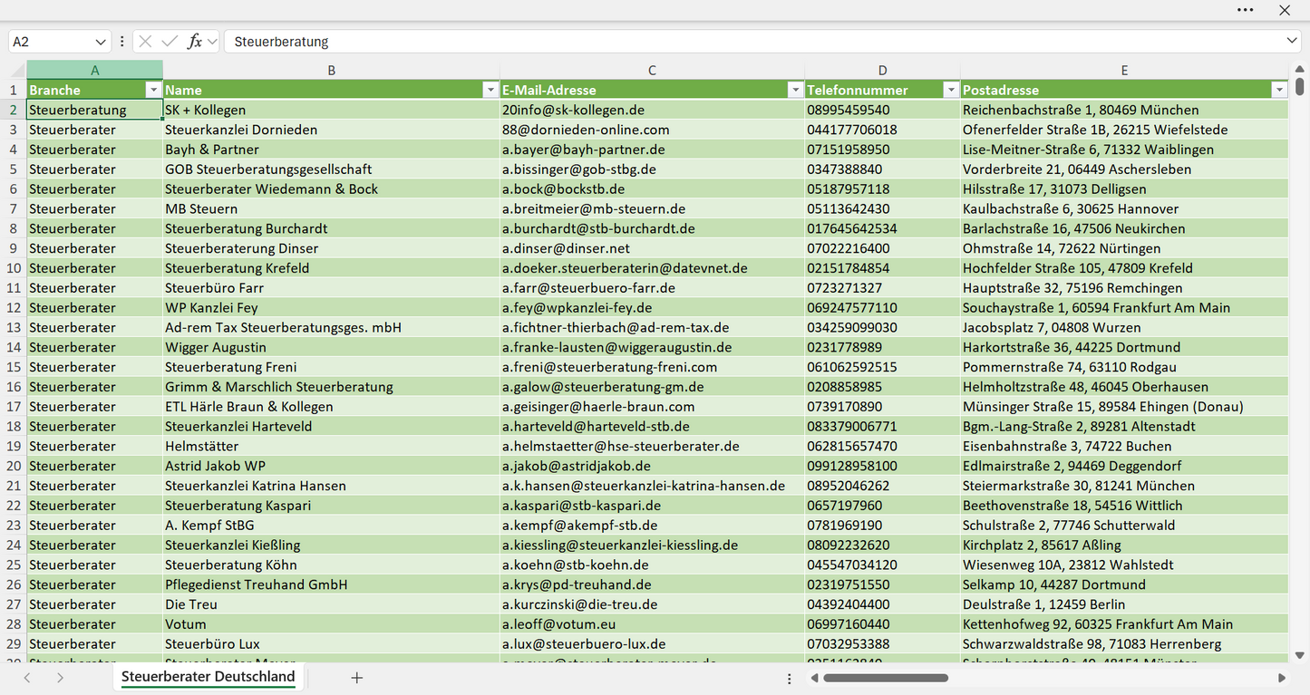Vorschau der Liste mit den Steuerberater Adressen