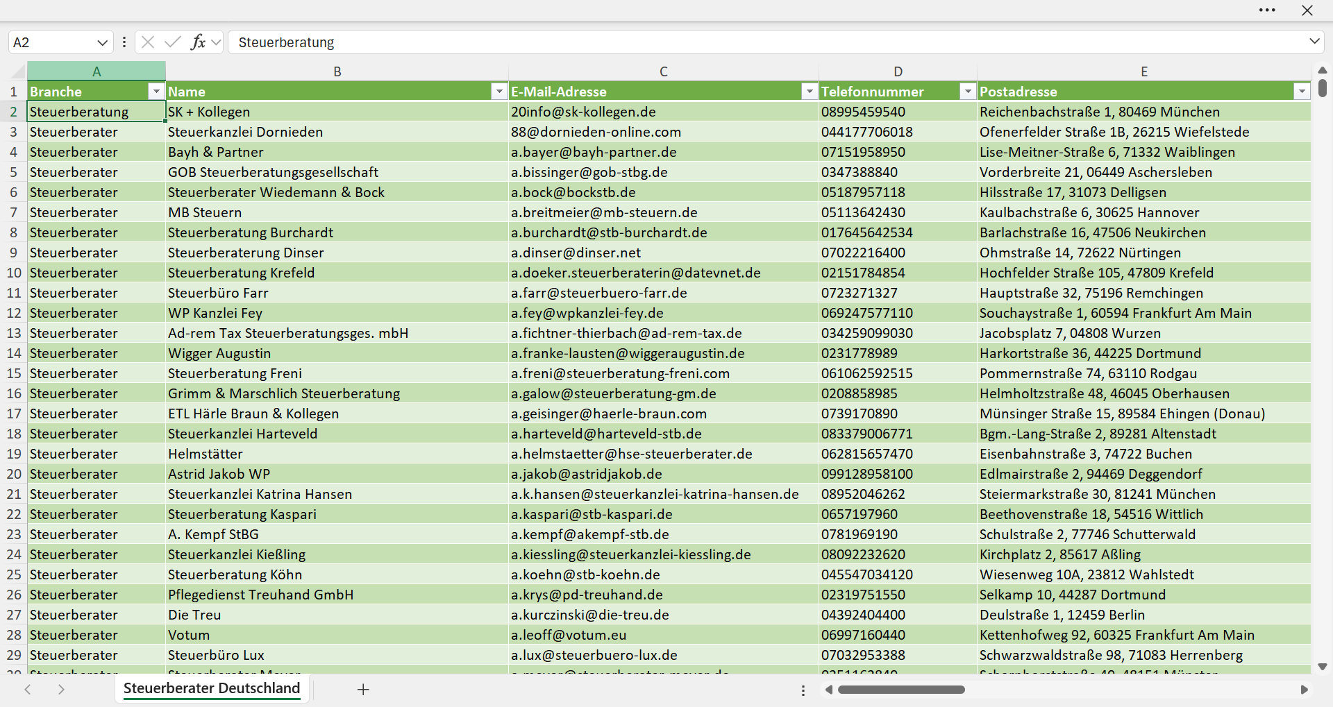 Vorschau der Liste mit den Steuerberater Adressen