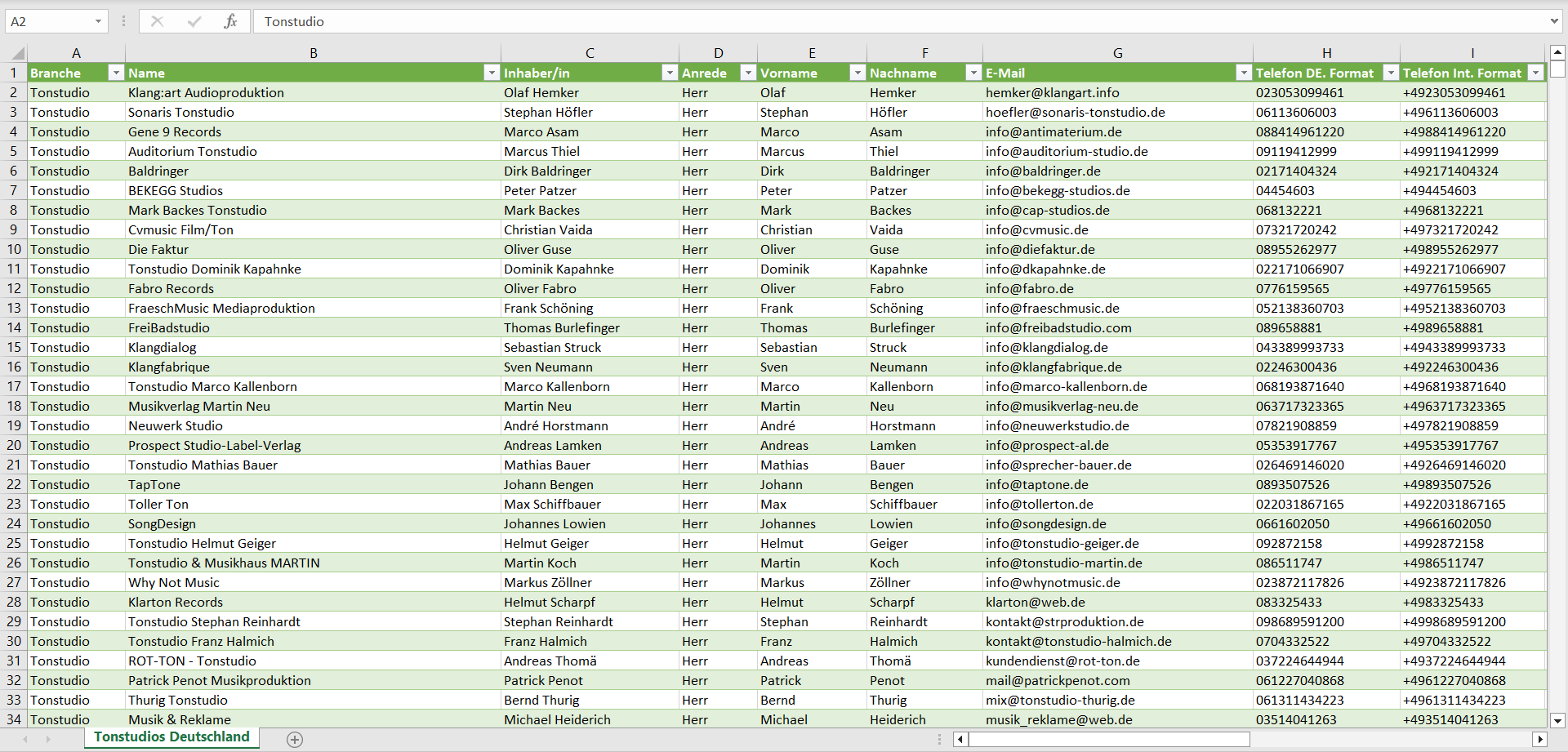 Vorschau der Liste mit den Tonstudio Adressen