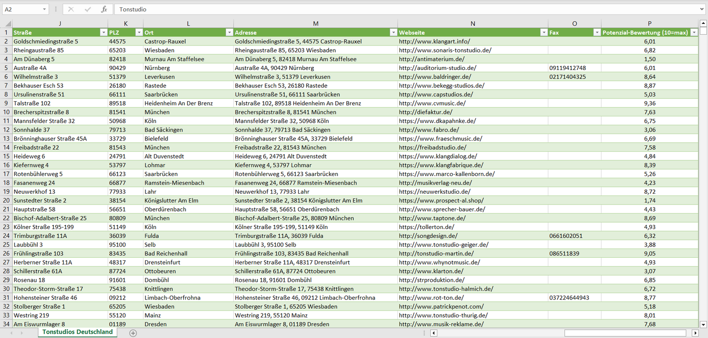 Weitere Vorschau der Liste mit den Tonstudio Adressen