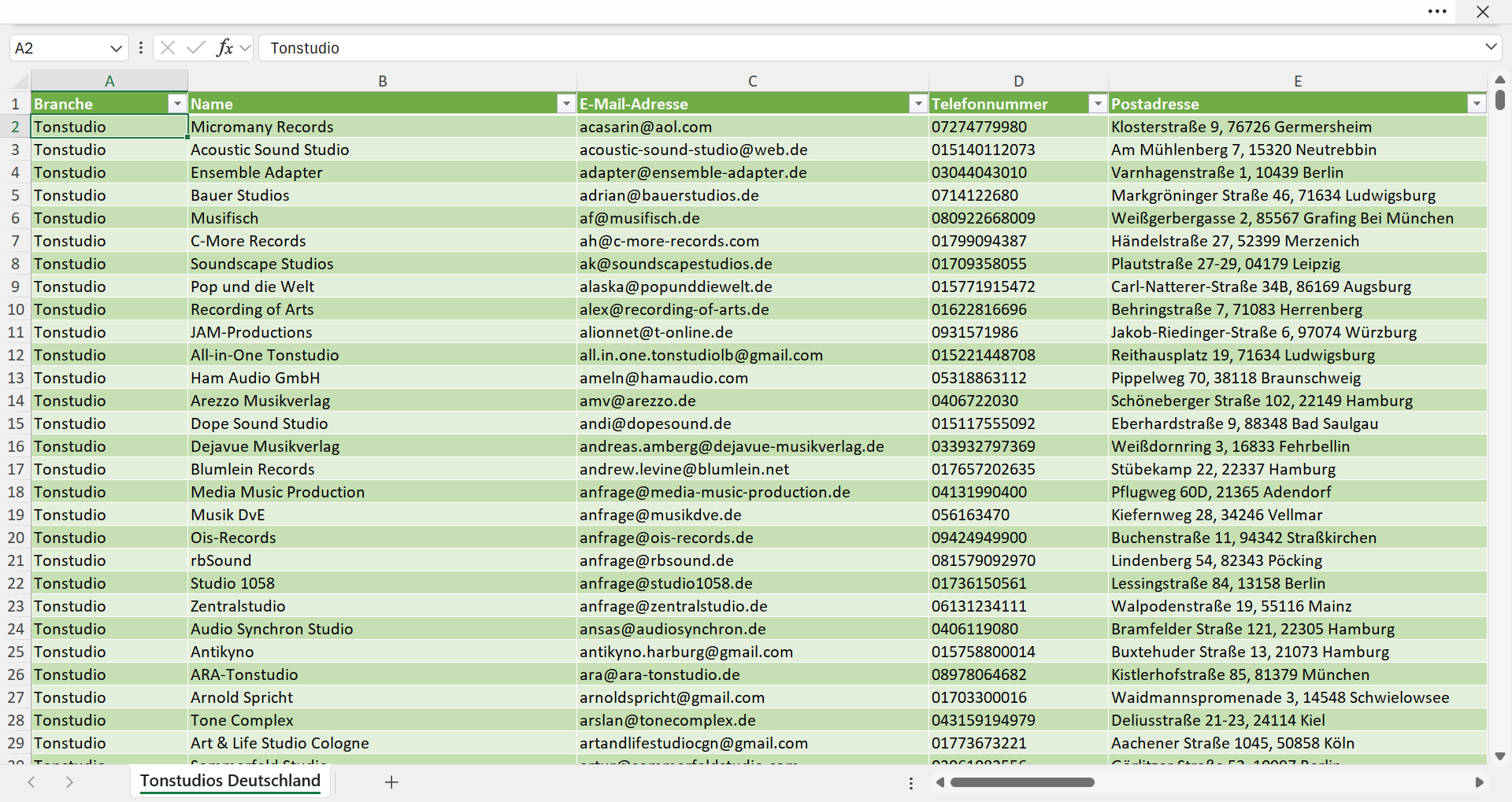 Vorschau der Liste mit den Tonstudio Adressen