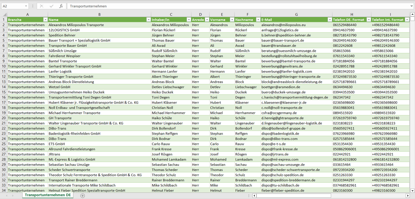 Vorschau der Liste mit den Adressen der Transportunternehmen