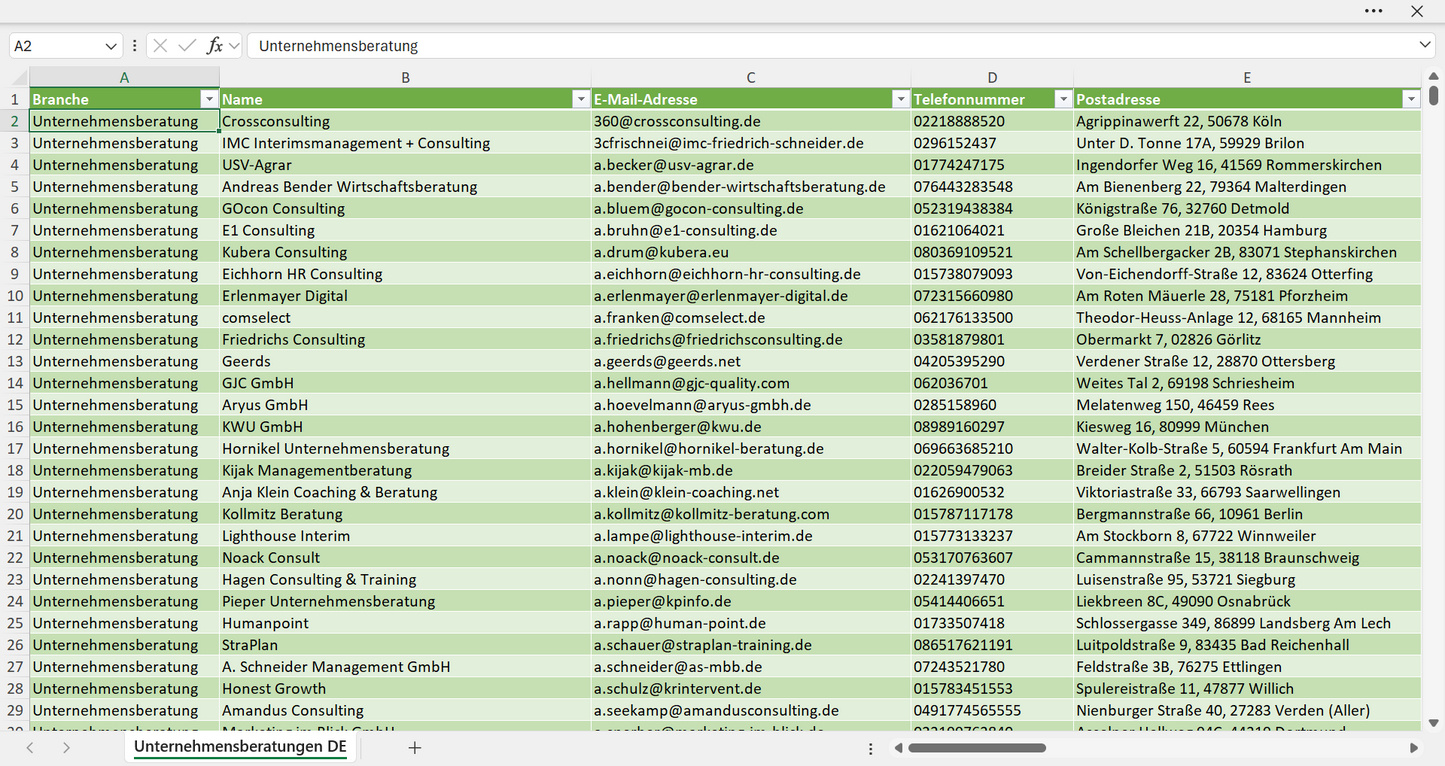 Vorschau der Liste mit den Adressen der Unternehmensberatungen