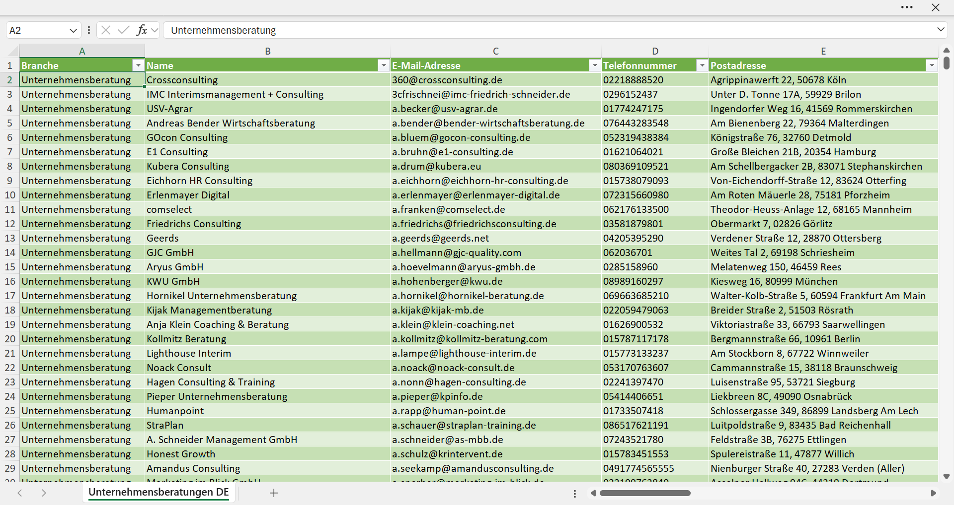 Vorschau der Liste mit den Adressen der Unternehmensberatungen