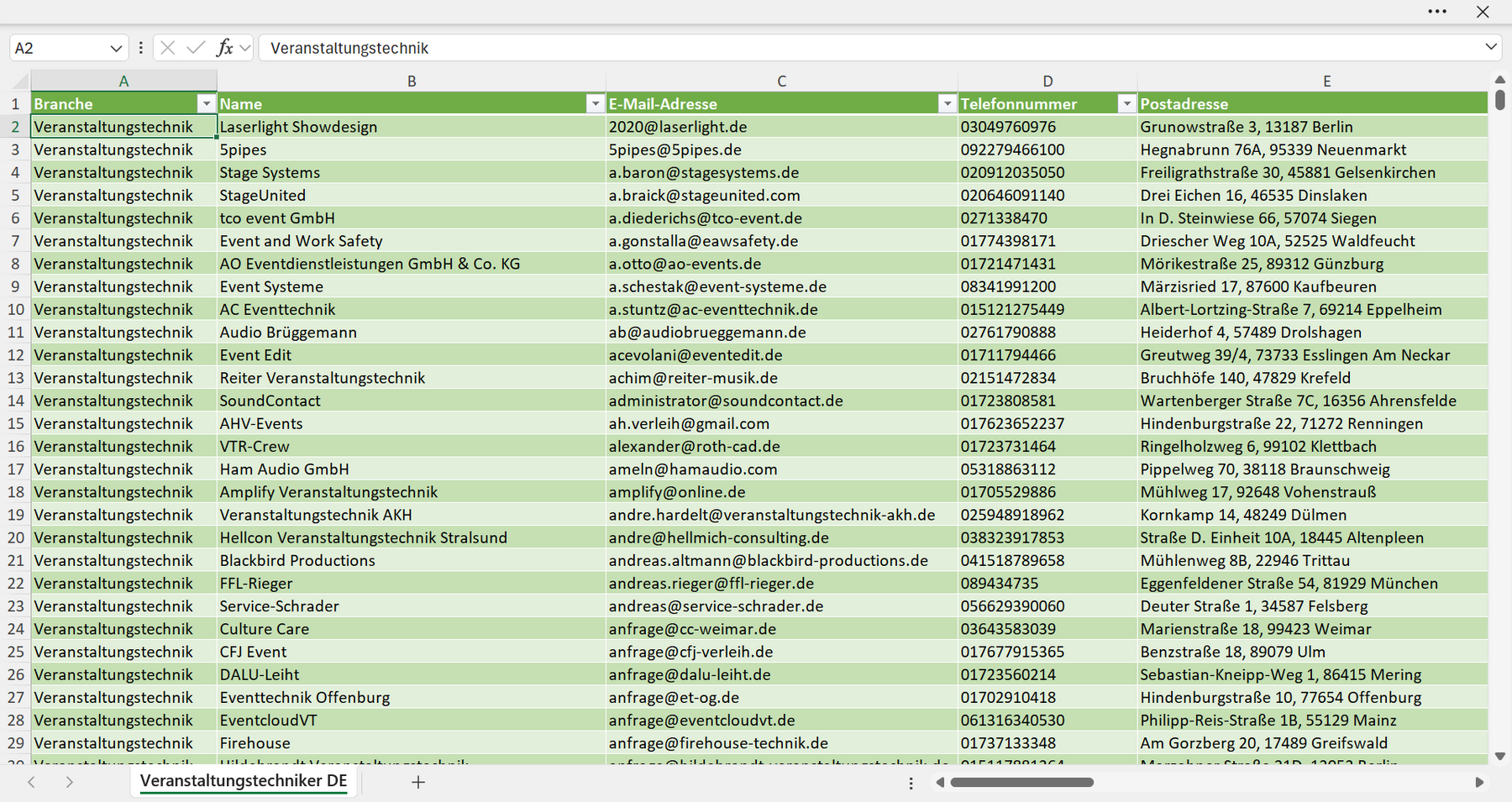 Vorschau der Liste mit den Veranstaltungstechnik Adressen