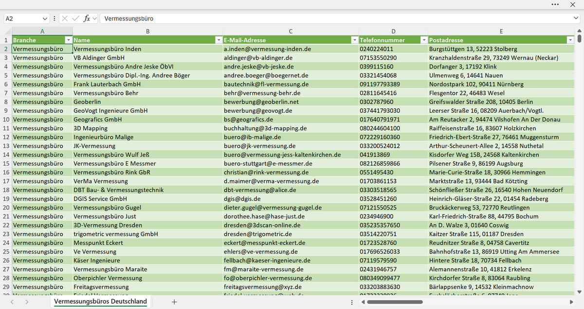 Vorschau der Liste mit den Vermessungsbüro Adressen
