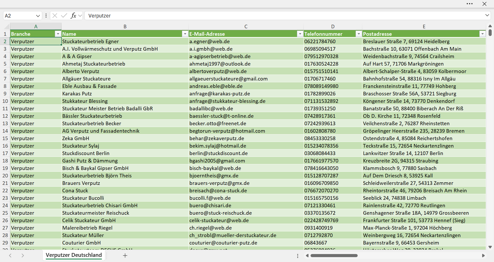 Vorschau der Liste mit den Adressen der Verputzer-Betriebe