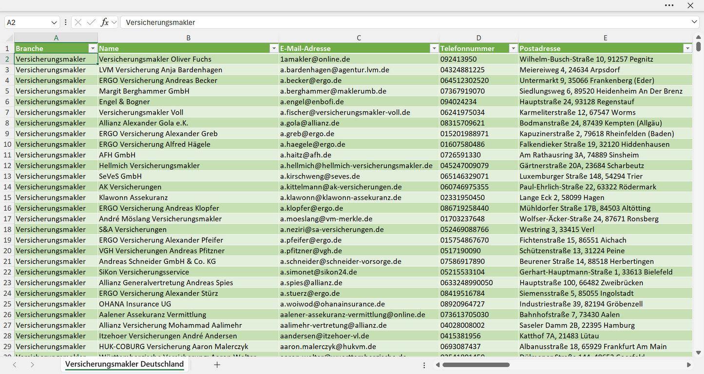 Vorschau der Liste mit den Versicherungsmakler Adressen