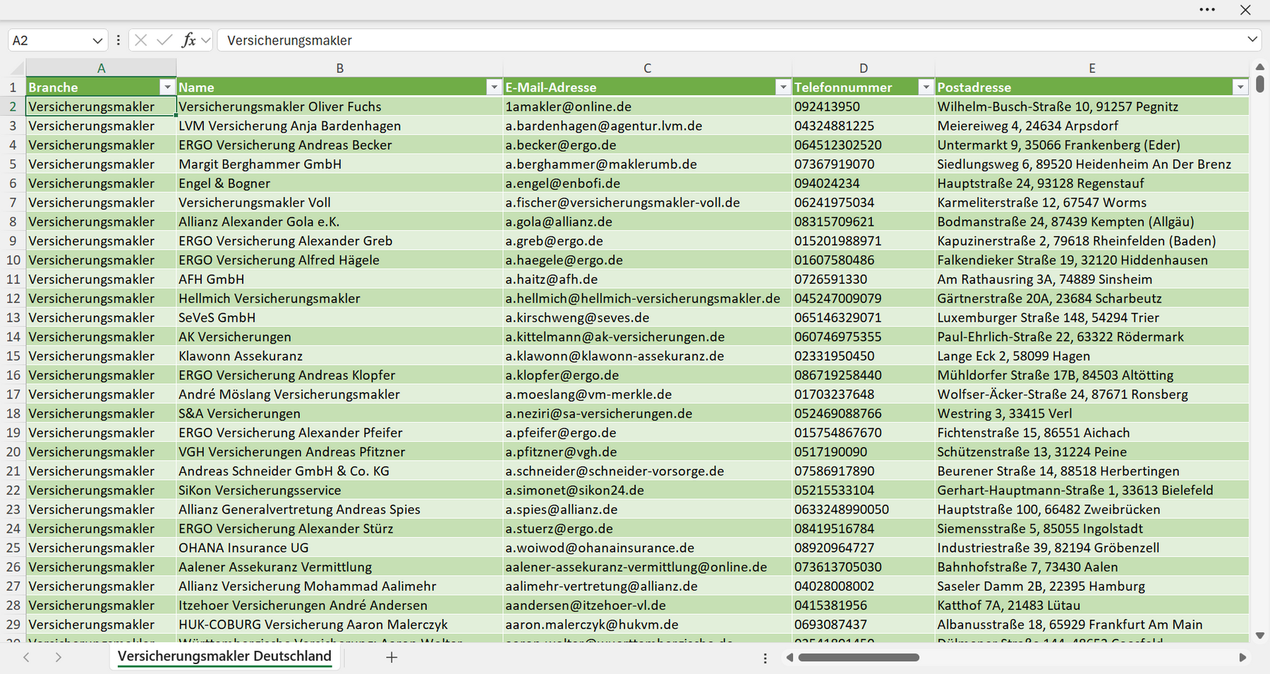 Vorschau der Liste mit den Versicherungsmakler Adressen