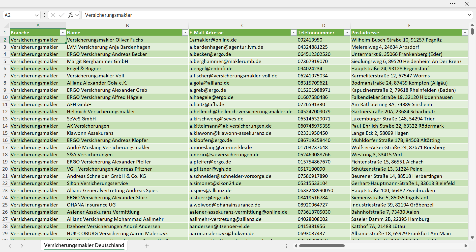 Vorschau der Liste mit den Versicherungsmakler Adressen