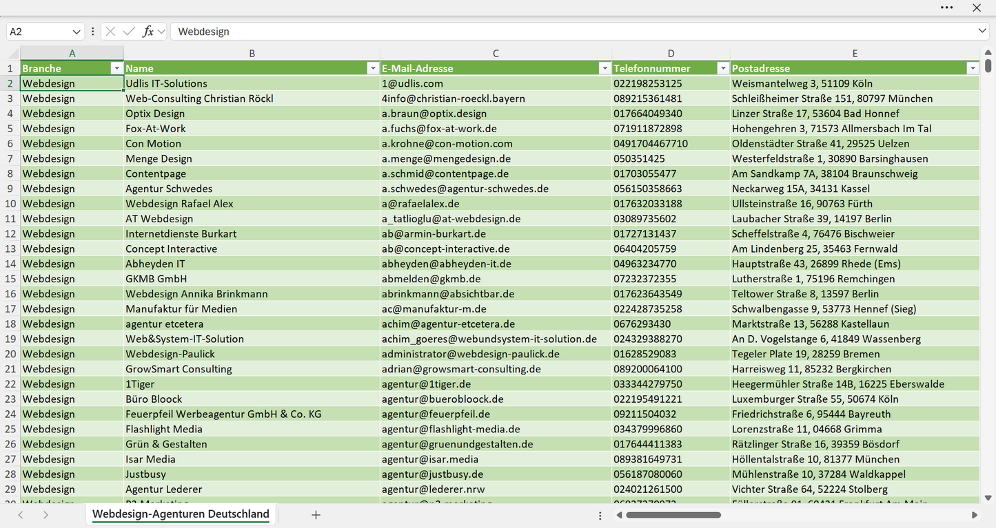 Vorschau der Liste mit den Webdesign Adressen