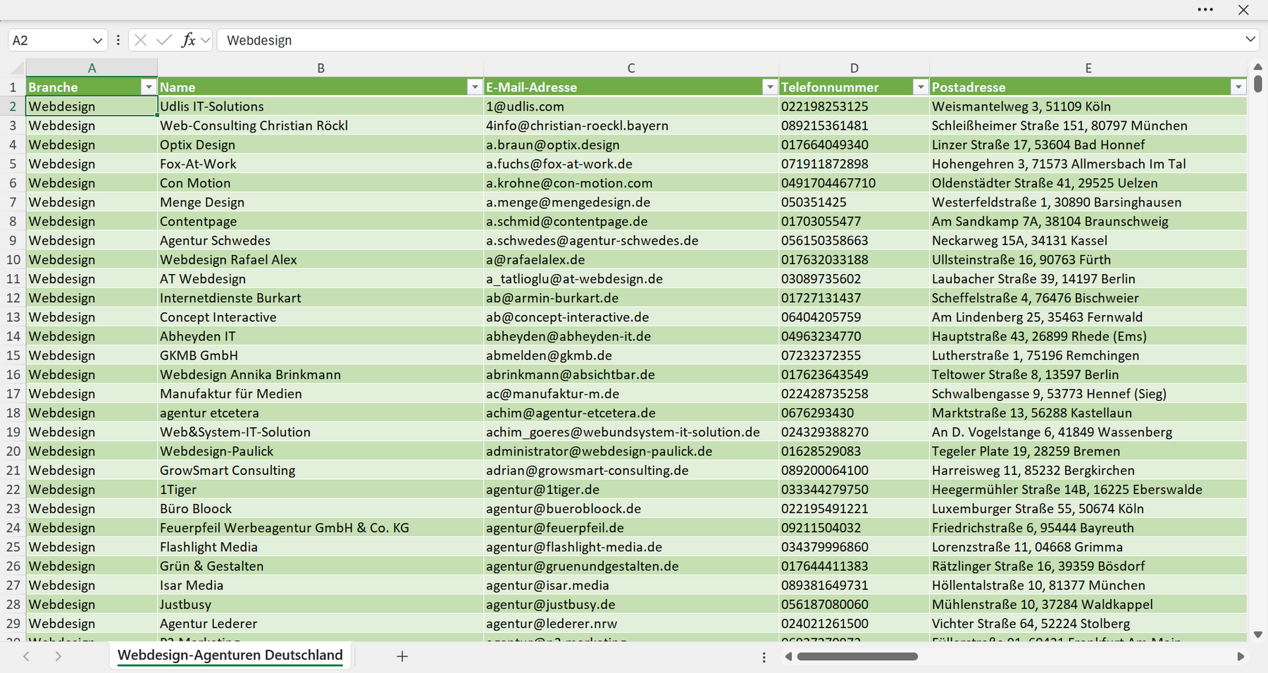 Vorschau der Liste mit den Webdesign Adressen